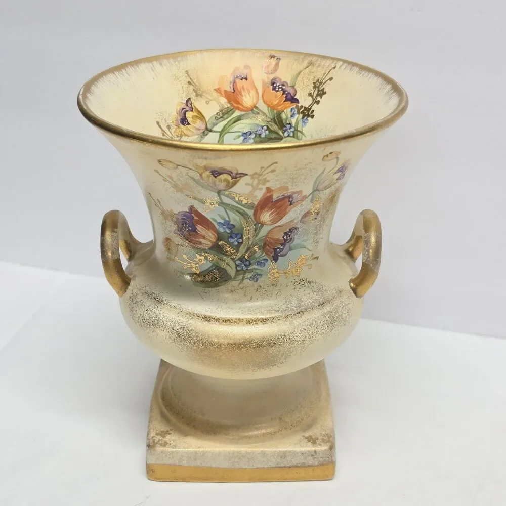 Vintage 40s Red Wing Pottery JB Hudson Hand Painted Handled Floral Vase MCM